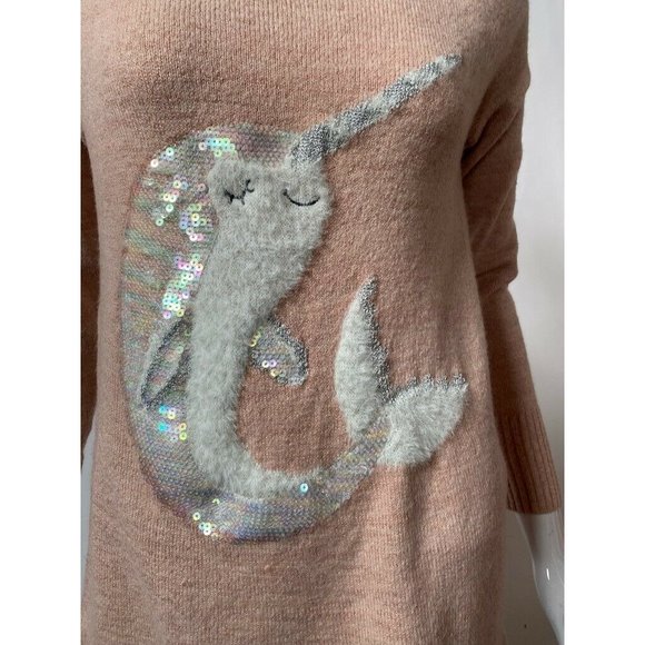 Lauren Conrad Womens Sweater Pink Long Sleeve Fluffy Whale Applique Sequins S - Picture 8 of 12